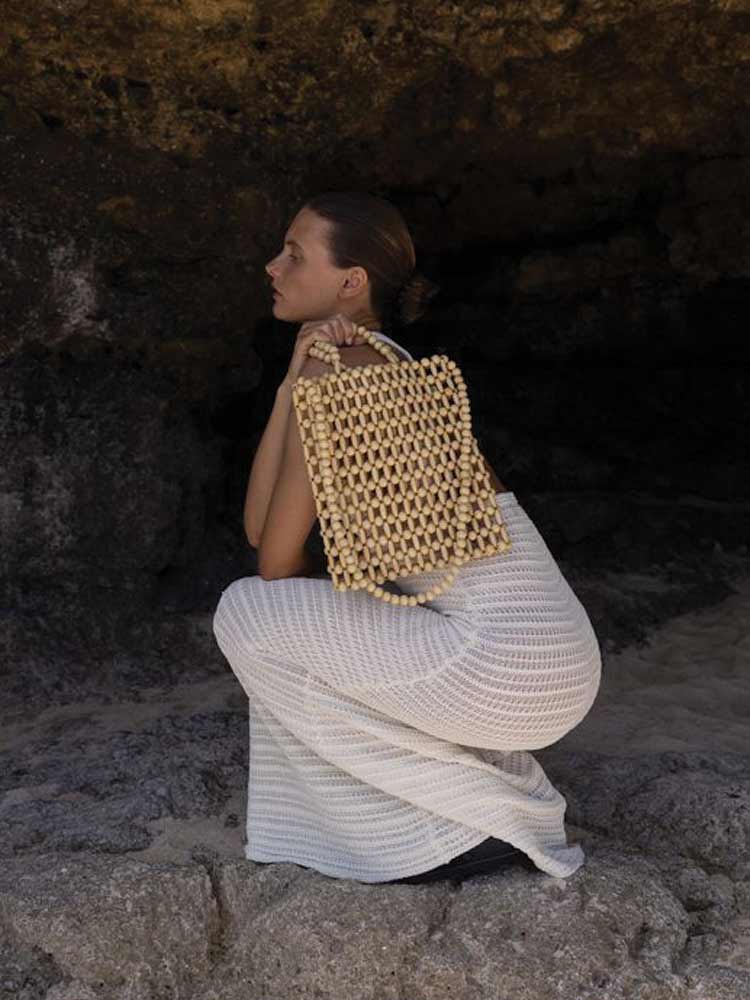 Gia Beaded Tote Bag Natural