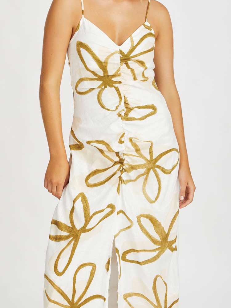 Olive Flower Linen Dress